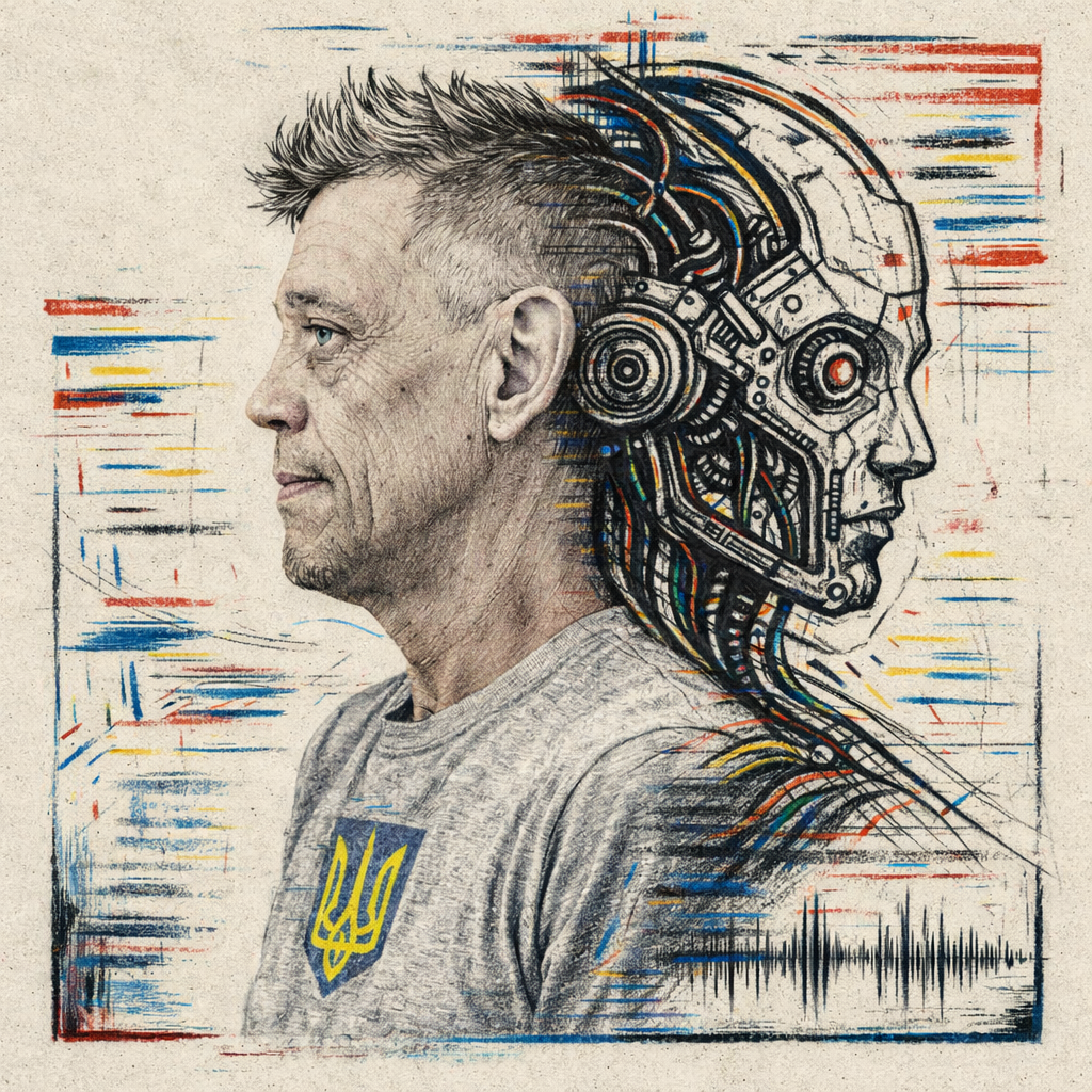 Vitali Chadrine, half human, half machine, mixed media portrait with Ukrainian trident and sound waveform
